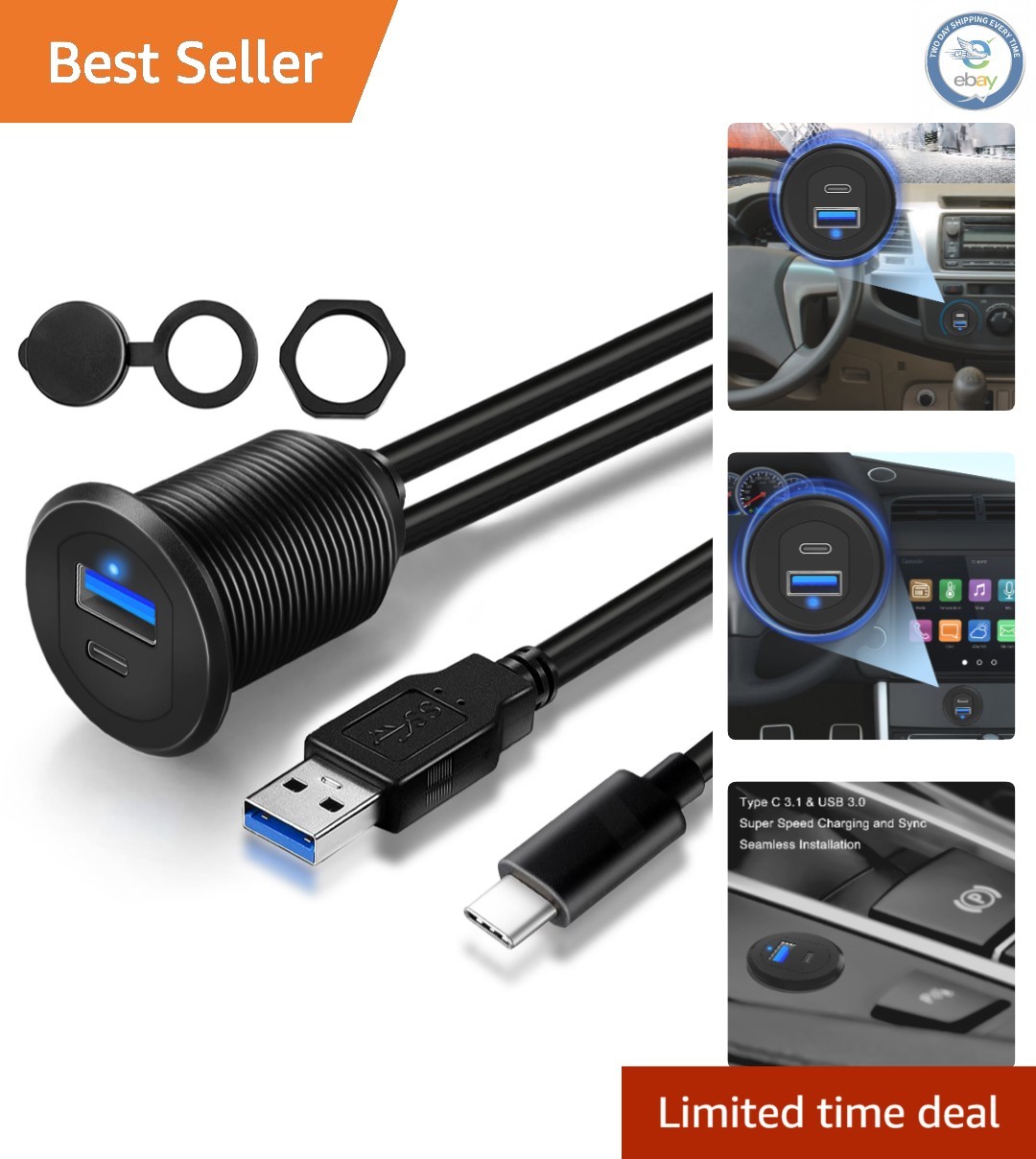Ultra-Fast 1ft USB Type C & USB 3.0 Flush Mount Cable with Waterproof Design