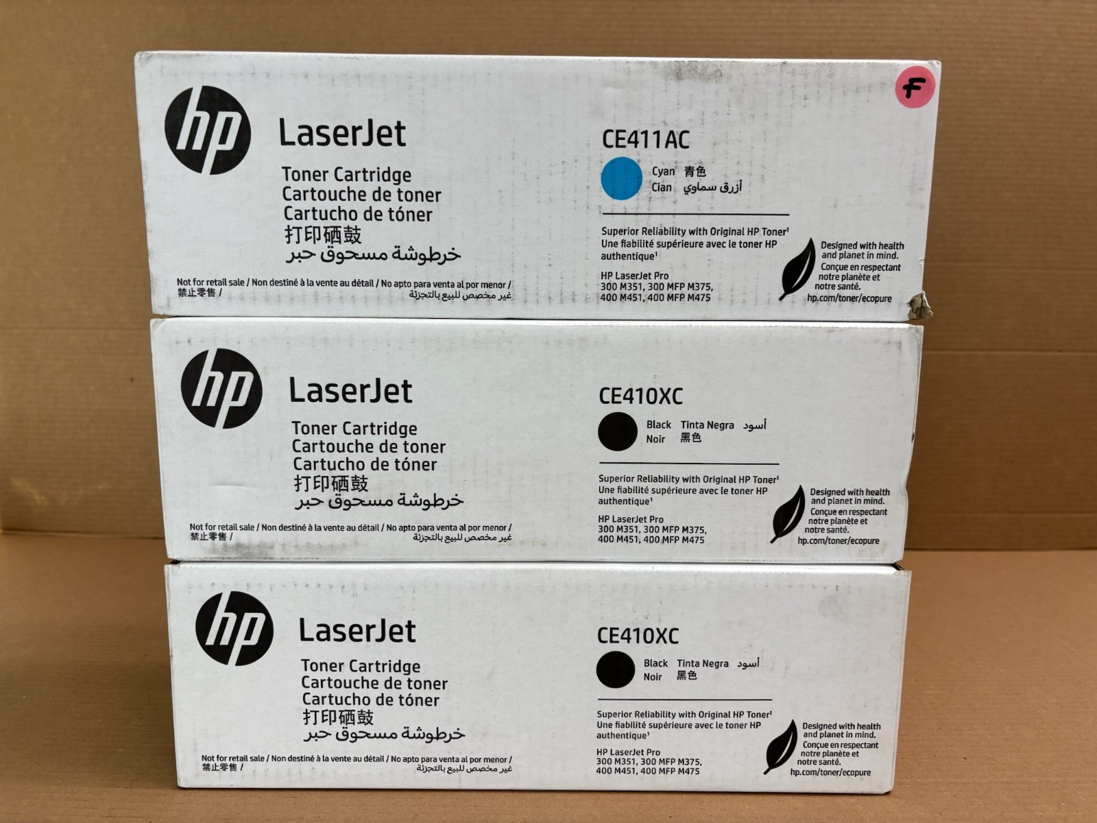 3 Genuine HP LaserJet 300, M351, M375, 400 Cyan & Black Toners CE411AC, CE410XC