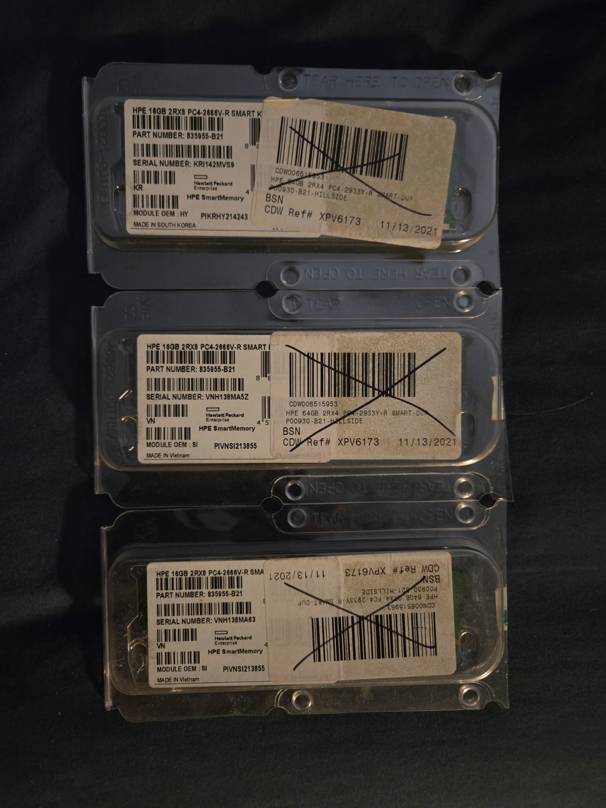 X3 HP 16GB PC4 DDR4-2666MHz 835955-B21 Open box three sticks (server only)