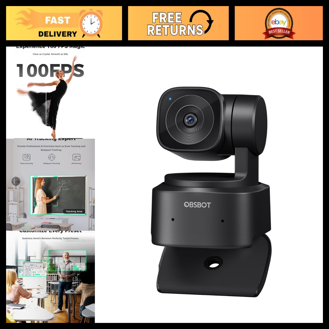 1080P 100FPS AI Tracking PTZ Webcam for PC - Streaming Camera, Live Video Chat
