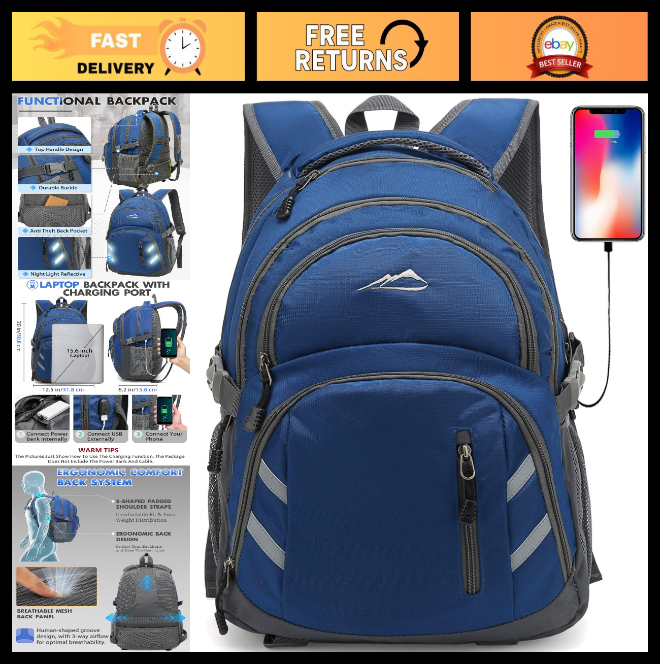 College Laptop Backpack with USB Charging Port, Anti-Theft, Fits 15.6" - Blue