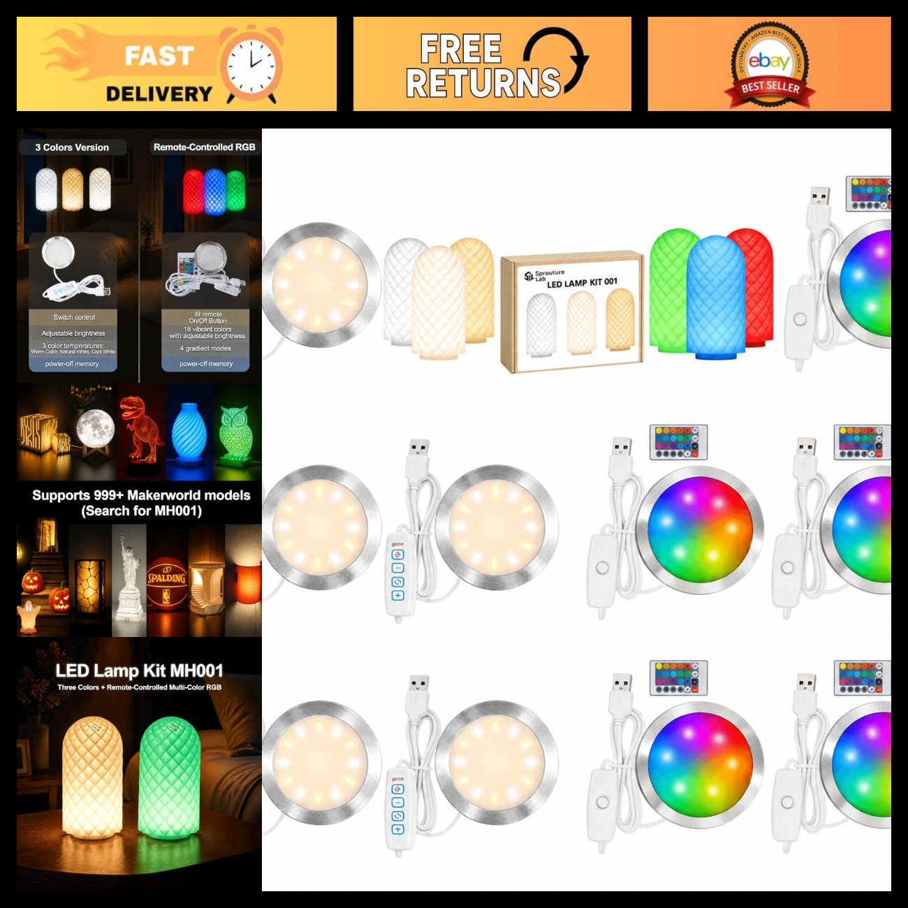 10-Pack LED Lamp Kit - 5 Three-Color & 5 RGB Lights for 3D Printer DIY, USB Powe