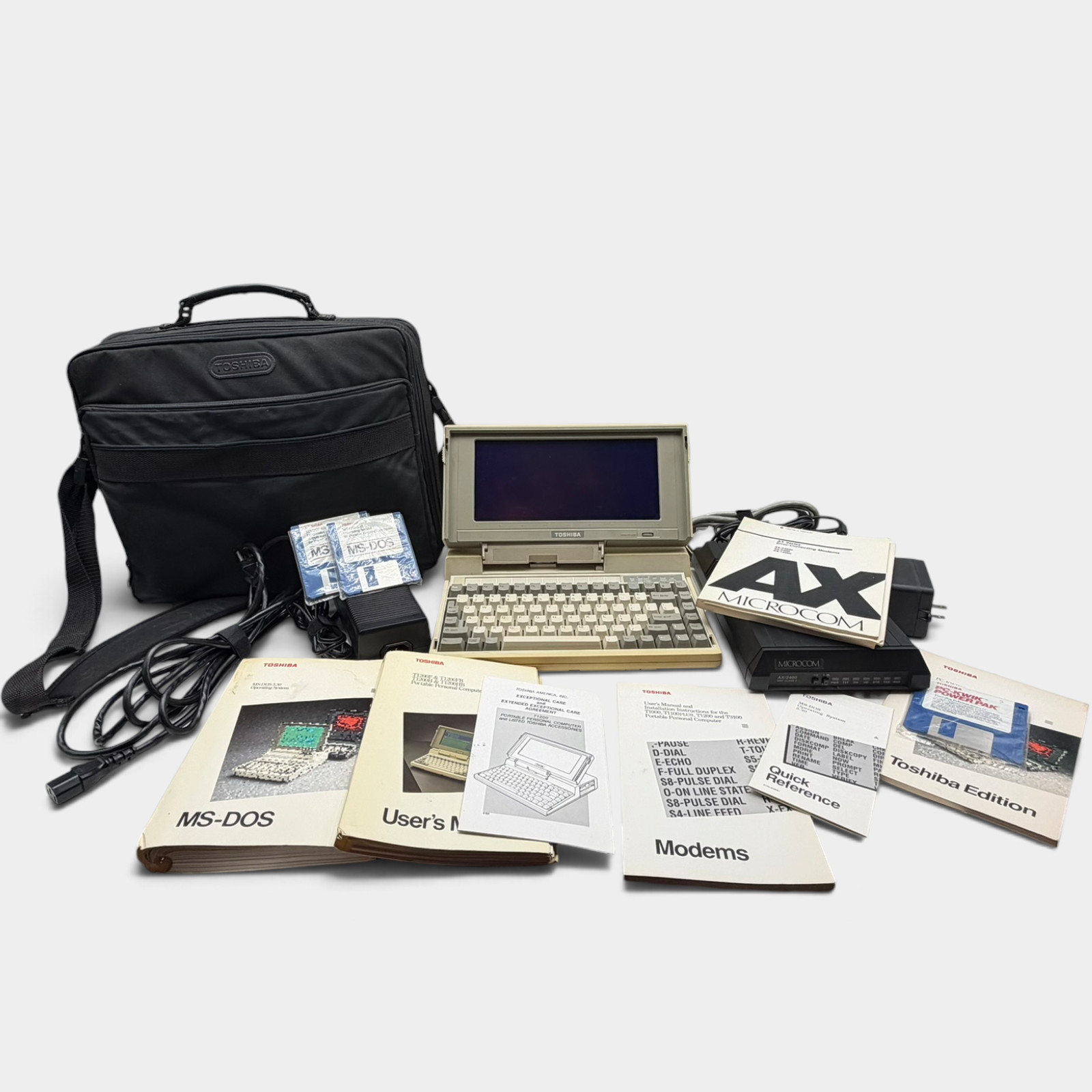 Vintage Toshiba T1200 Portable Laptop Computer MS-DOS Manuals Modem Parts Repair