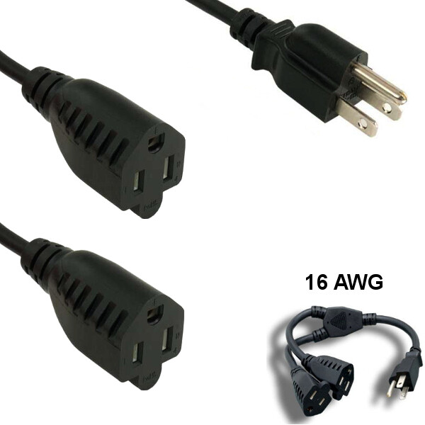 Kentek 3' ft 16 AWG Power Splitter Cord NEMA 5-15P to 2x 5-15R 13A/250V SJT Blk