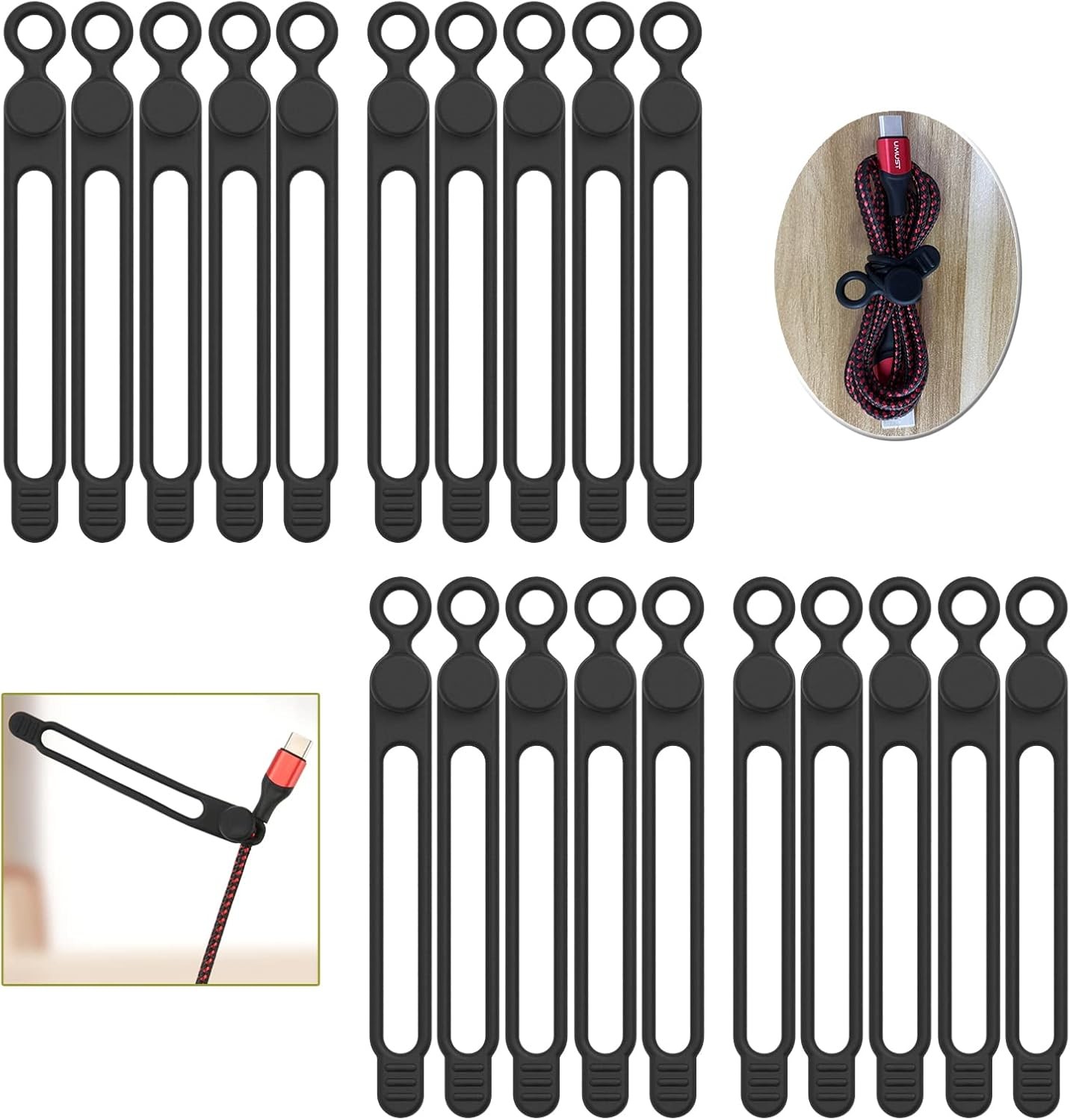 UMUST Silicone Cable Ties Reusable Cord Management Organizer Black Elastic Ties