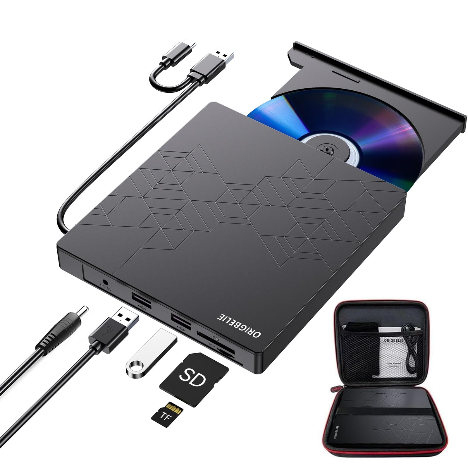 ORIGBELIE External CD DVD Drive, Burner USB 3.0 with 2 Standard, Black