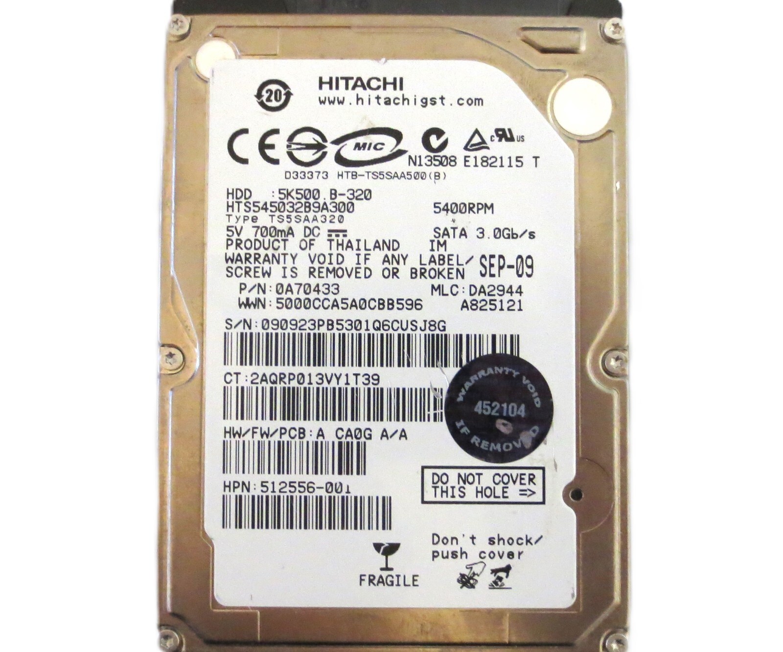 Hitachi HTS545032B9A300 0A70433 DA2944 (090) Thailand 320gb 2.5" Sata HDD 2009