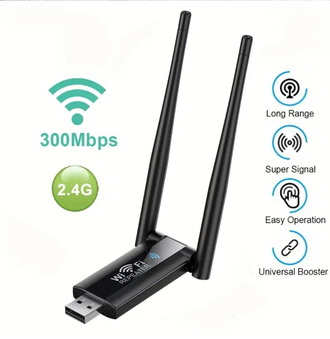 USB WiFi Repeater 300M Wi-Fi Signal Booster Adapter Wireless Extender 2 Antenna