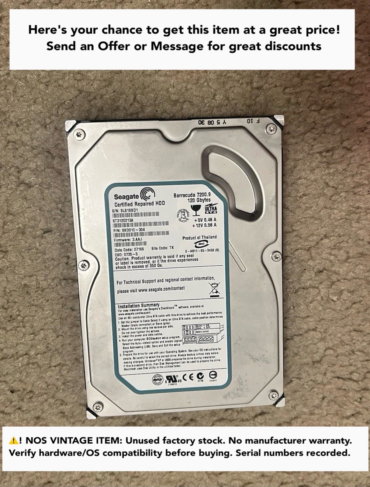 Seagate Barracuda 120GB IDE 3.5 Hard Drive Vintage Retro PC Zero Hour ST3120213A