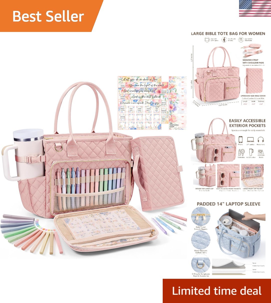 Large Bible Bag Quilted Church Tote w Shoulder Strap Women SJTT001 Cover Case