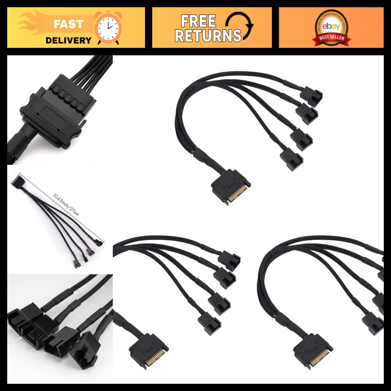 3X Cooling Fan Adapter Cable - 15 Pin SATA to 4X 3/4 Pin PWM 12V PC Fan Power