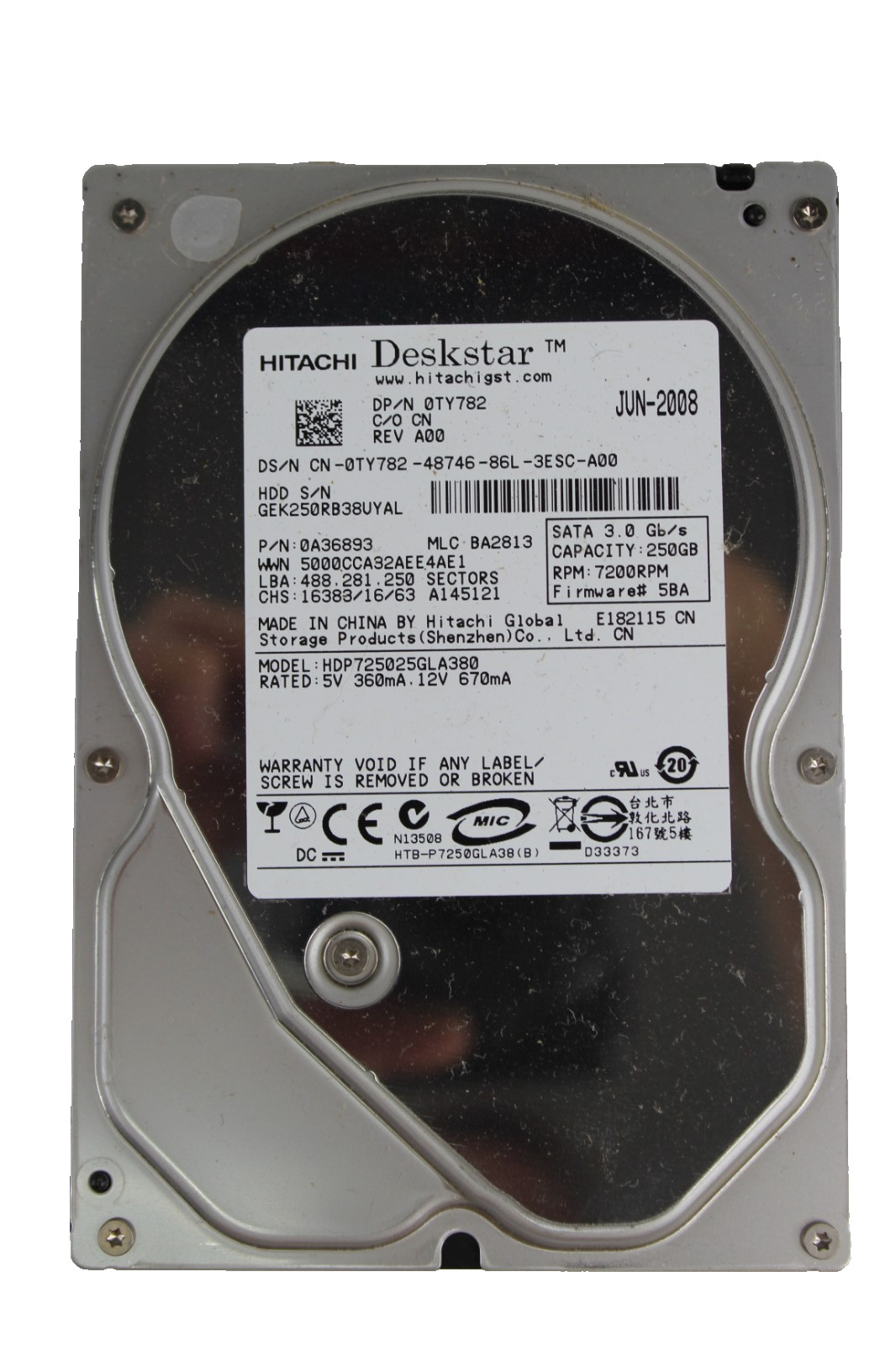 Hitachi Deskstar HDP725025GLA380 HDD 250GB Computer Hard Drive TESTED SATA