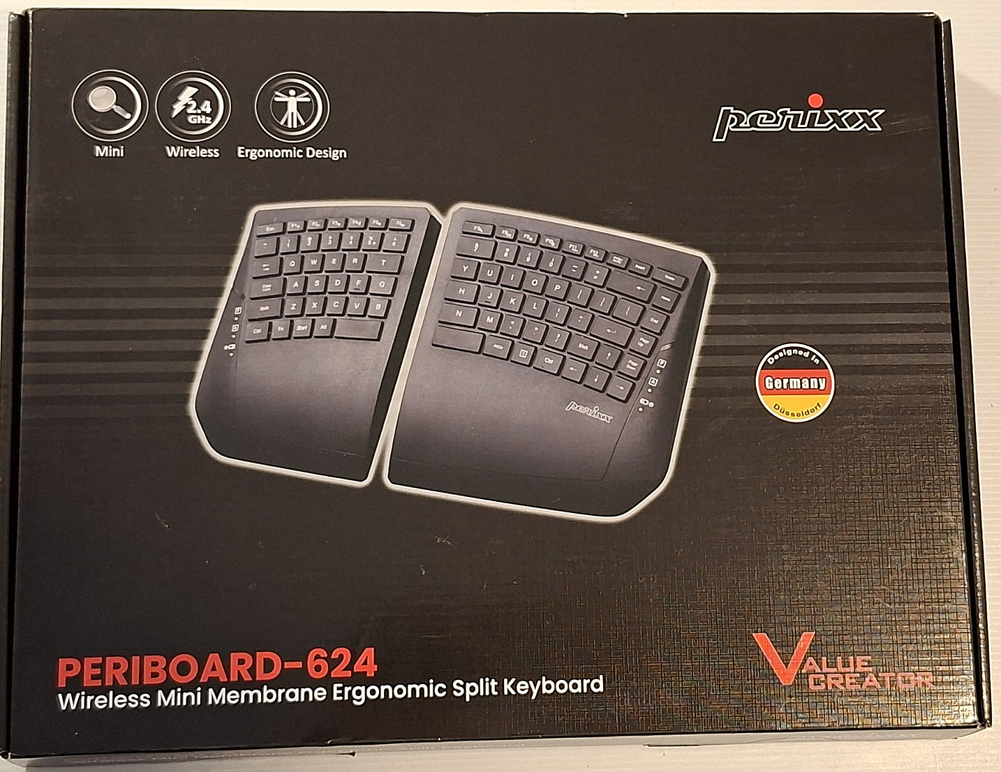 Perixx PERIBOARD‑624 Wireless Mini Ergonomic Split Keyboard 2.4 GHz Black *NEW*