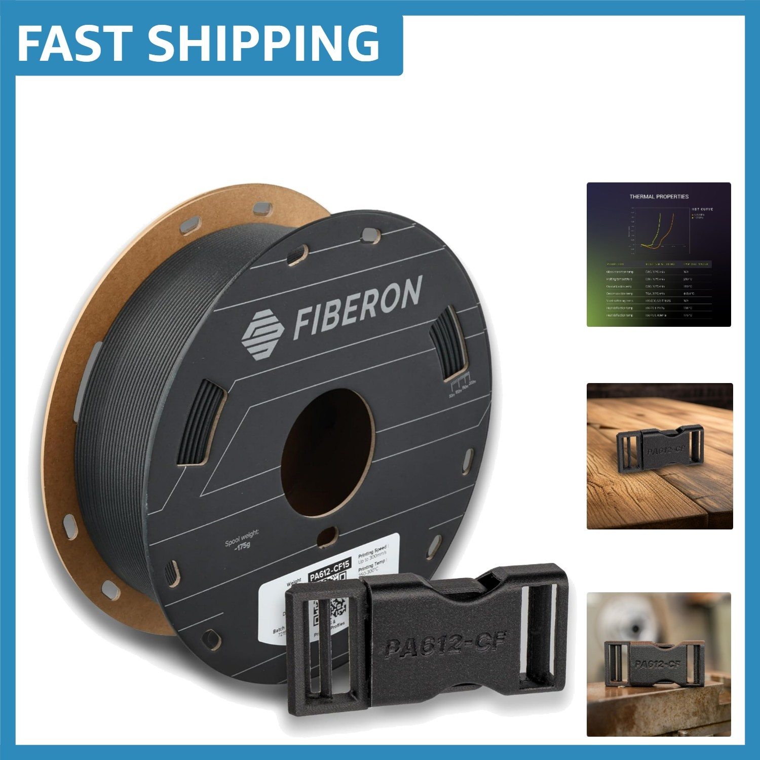Fiberon PA612-CF15 Carbon Fiber Nylon Filament 1.75mm Black 0.5kg - Durable &...
