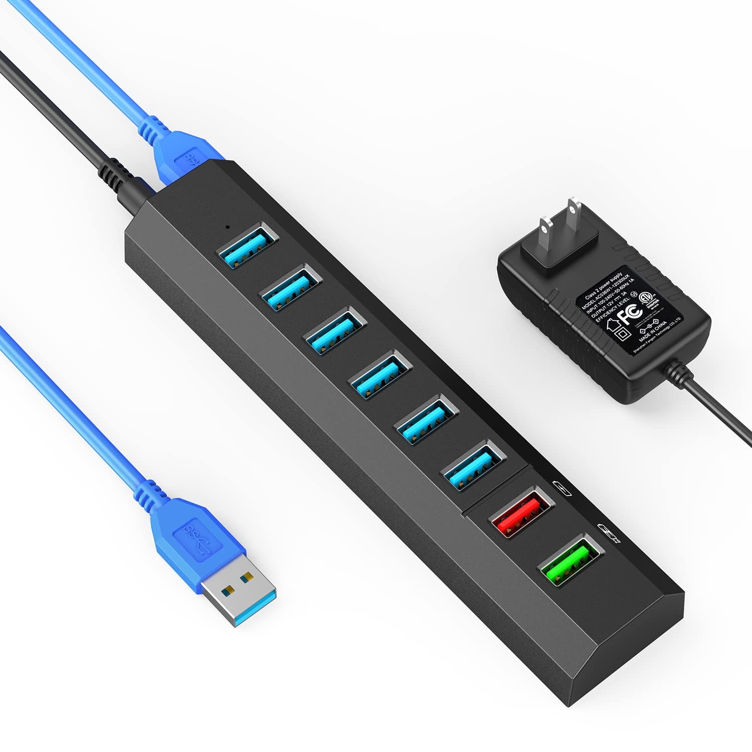8Port Powered USB 3.0 Hub 36W Adapter 2 Fast Charging Ports Splitter Laptop PC