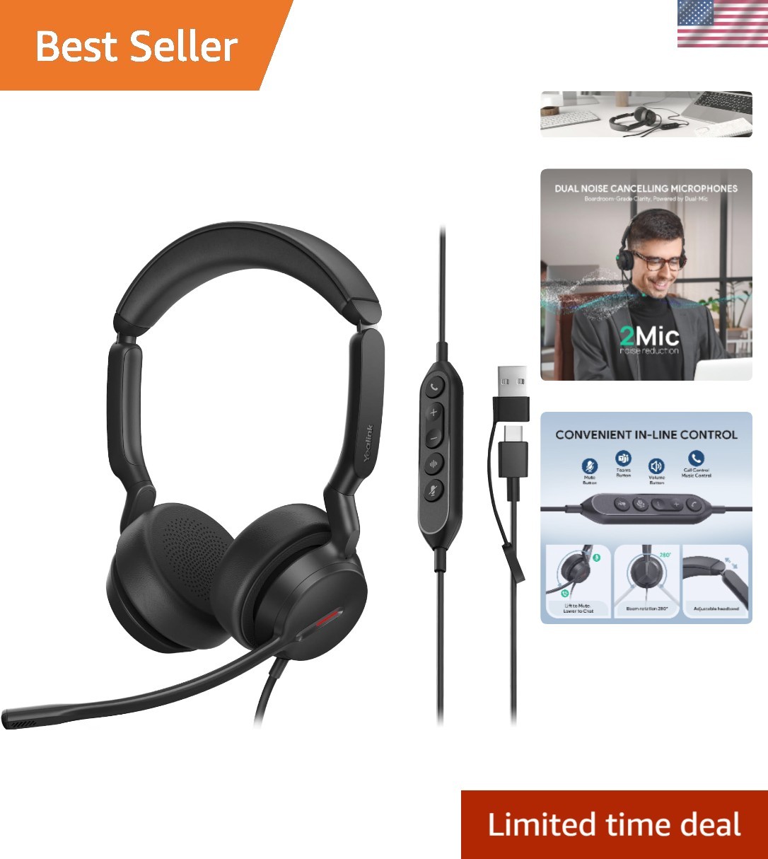 UH44 Wired USB Headset with Dual Noise-Canceling Mics for Ultimate Clarity