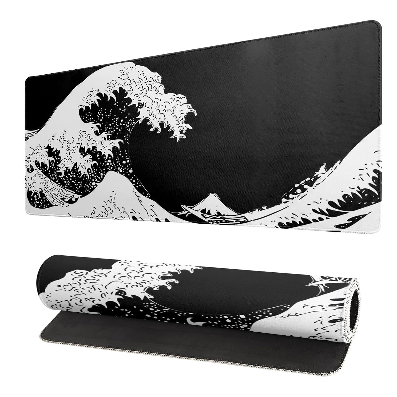 Japanese Sea Wave Large Mouse Pad, Abstract Black Gaming Mousepad, Extended
