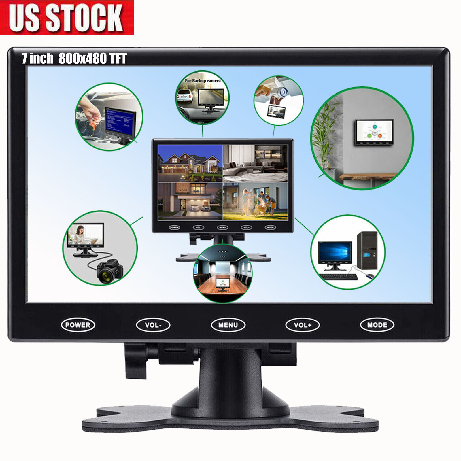 US - 7'' LCD Portable Monitor AV/VGA/HDMI CCTV Display Screen Speaker for PC