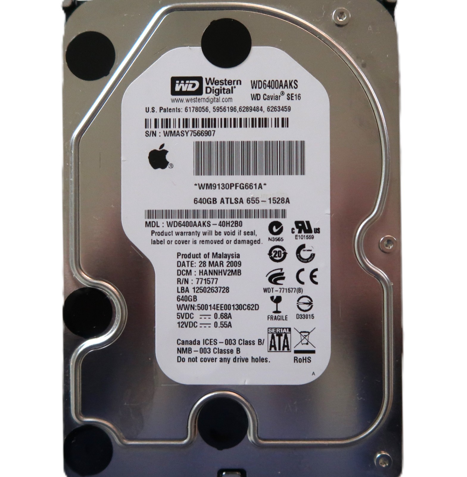 WD WD6400AAKS-40H2B0 HANNHV2MB (WMAS) Malaysia 3.5" 640gb Sata HDD MAR/2009