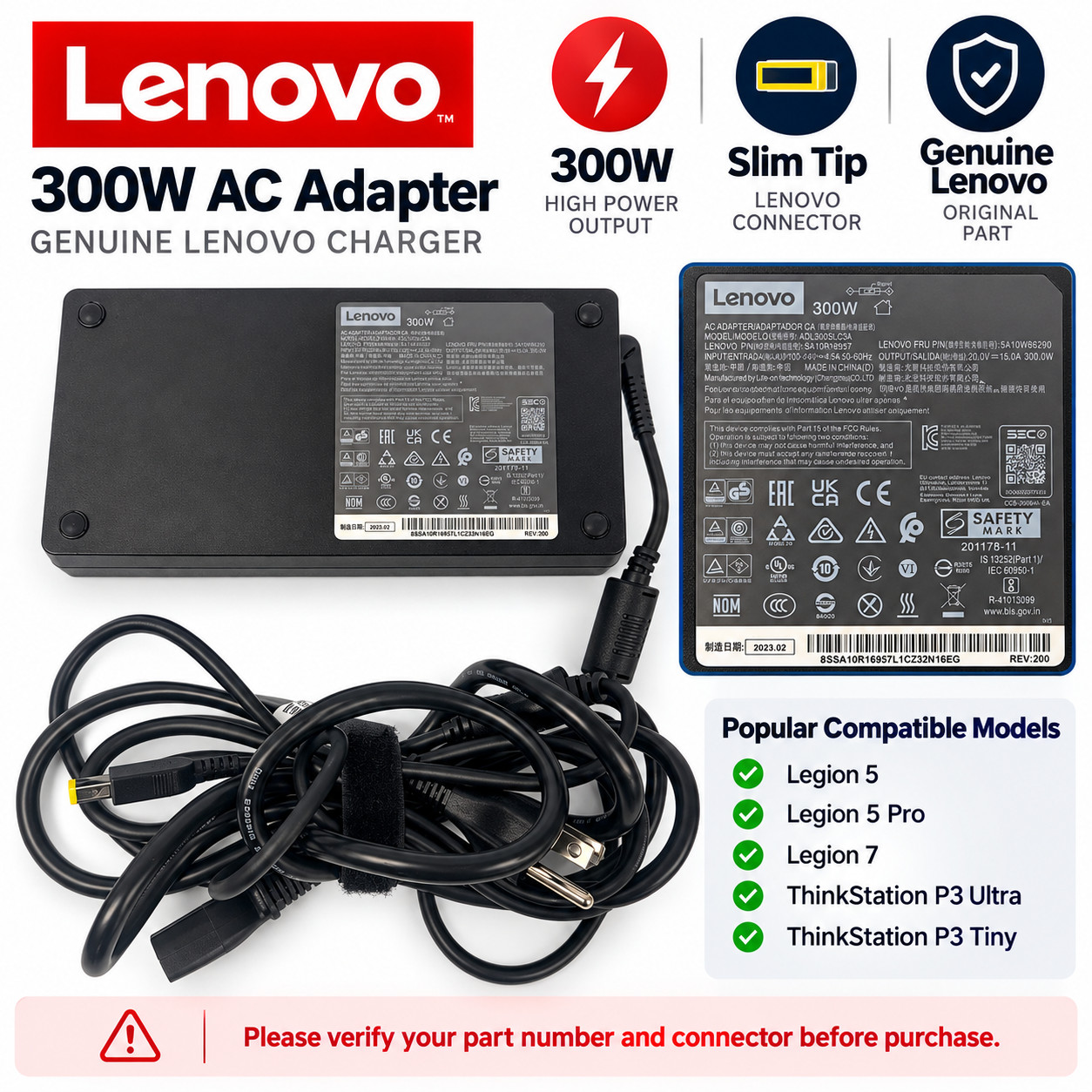 Genuine Lenovo 300W AC Adapter Charger ADL300SLC3A 20V 15A Slim Tip OEM + Cord