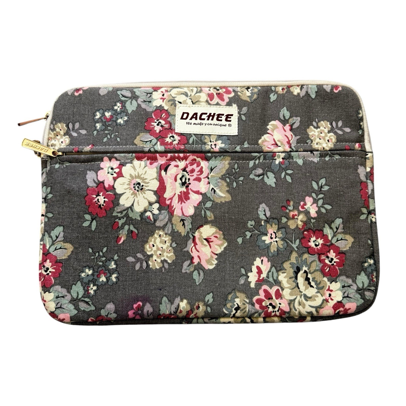 Dachee Floral Laptop Sleeve Gray Pink Rose Padded Zip Case Chromebook 14" x 10"