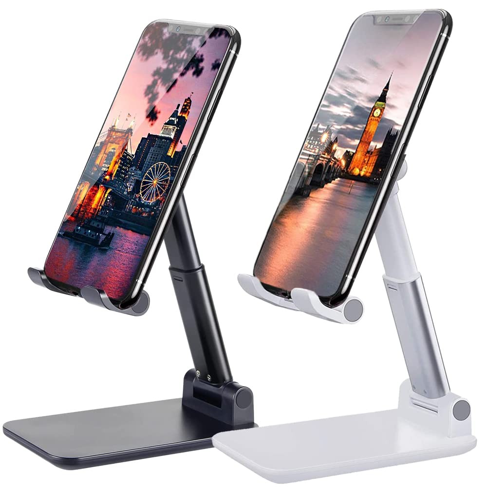 Meetuo 2 Pcs Cell Phone Stand for Desk Small&Foldable&Portable, Black+White