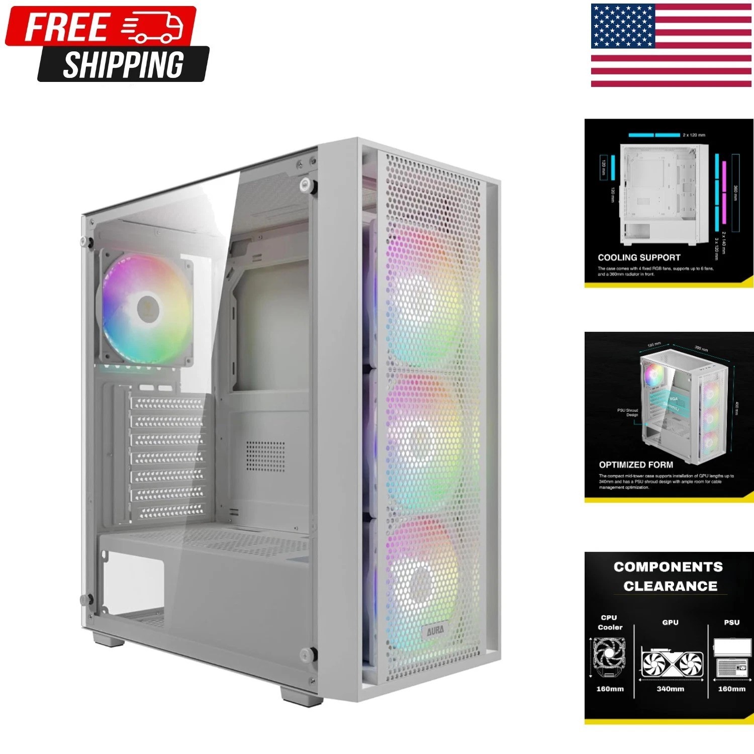 GAMDIAS White ATX Mid Tower Gaming Computer PC Case with Side Tempered Glass, Pr
