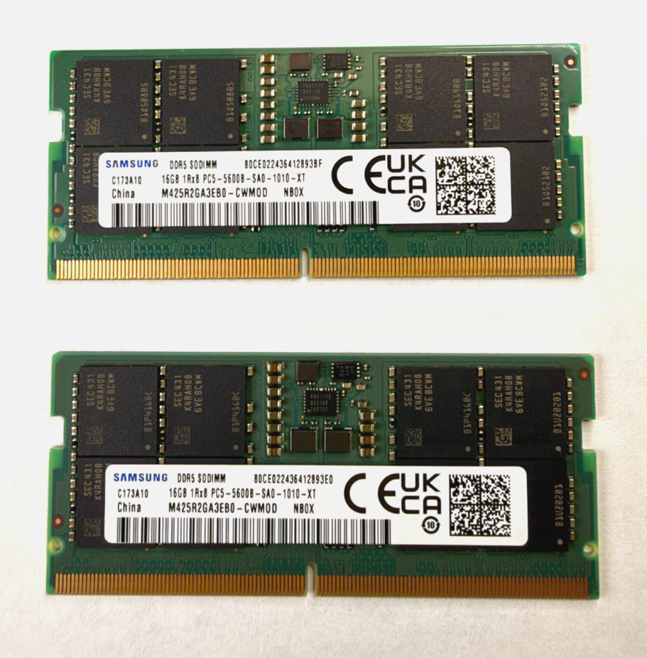 Samsung 32GB Total.  1Rx8 PC5-5600B DDR5 5600MHz SODIMM Laptop Memory 2x16gb