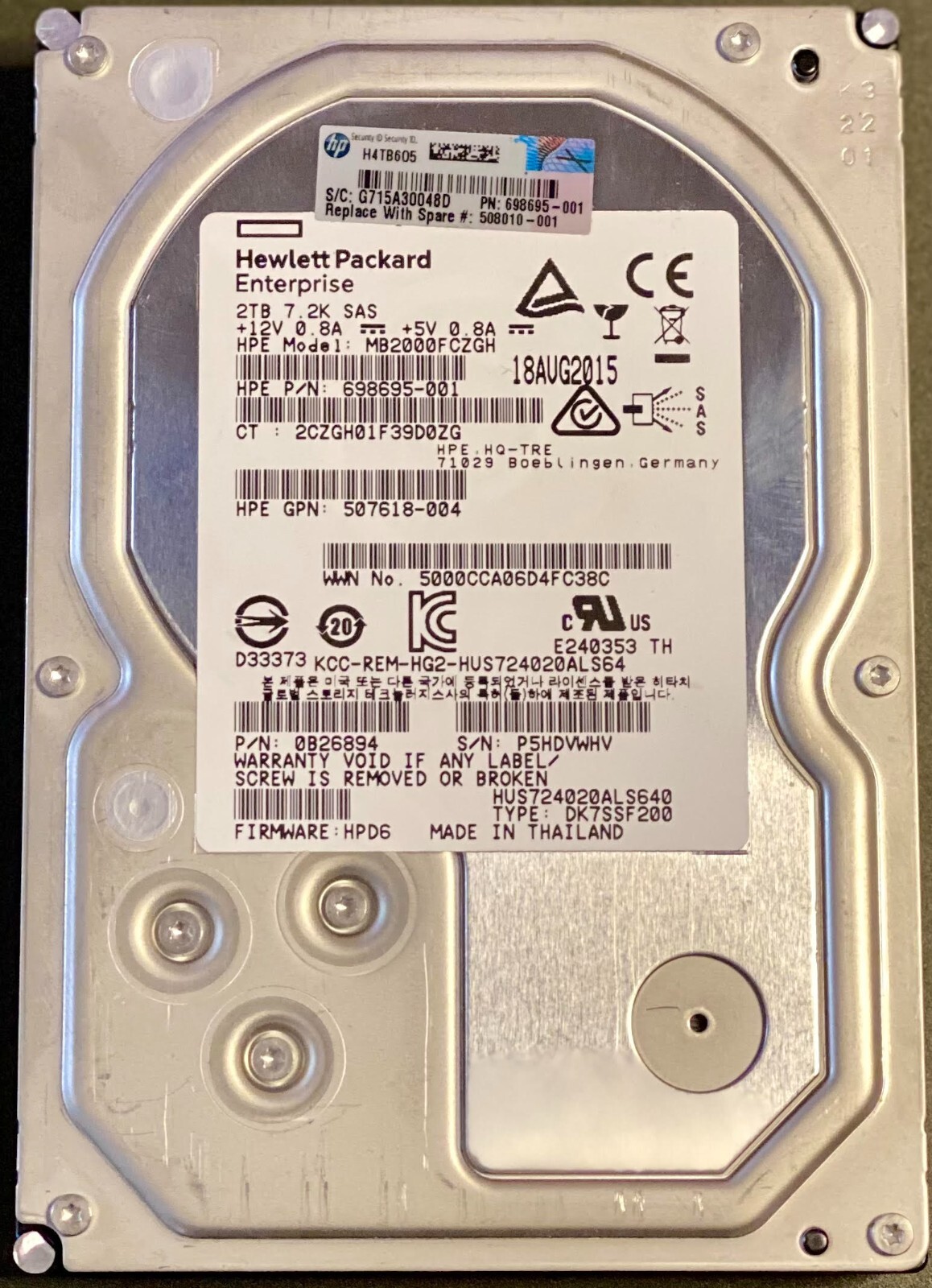 HP 2TB HPE-P/N: 698695-001 3.5" 7.2K SAS 6Gb/s P/N: 0B26894 Model: MB2000FCZGH