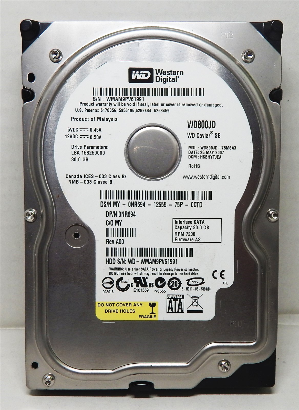 80GB SATA 3.5" HDD ~ Western Digital Caviar SE WD800JD-75MSA3 SN:WD-WMAM9PV61991
