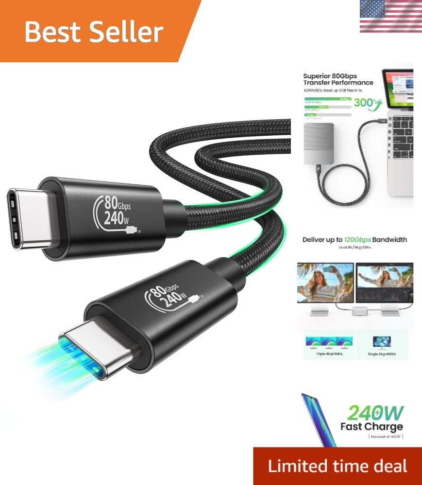 10FT Thunderbolt 5 Cable: Fast 80Gbps Transfer & 16K/8K Display Compatibility