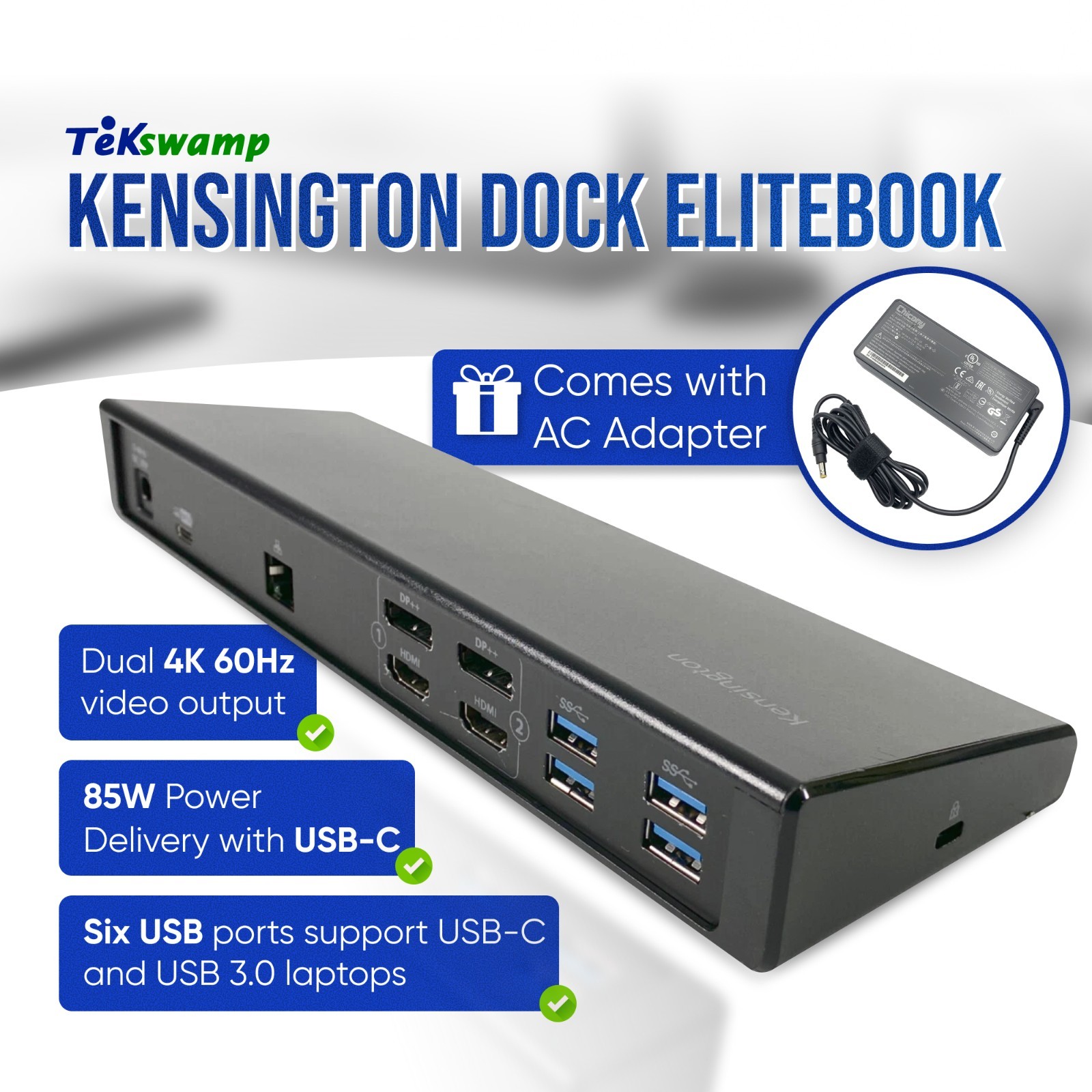 OEM Kensington USB-C Universal Dual 4K Dock Station for HP EliteBook 840 G5 w/AC