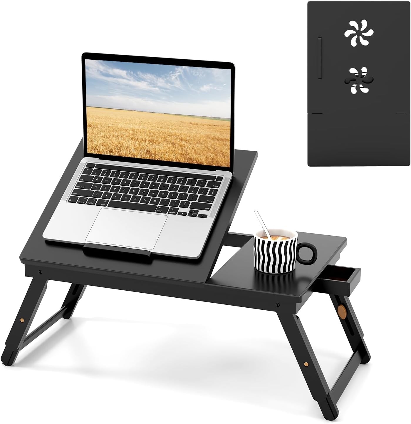 Tangkula 100% Bamboo Laptop Desk with Tilting Top & Drawer, Height Black 