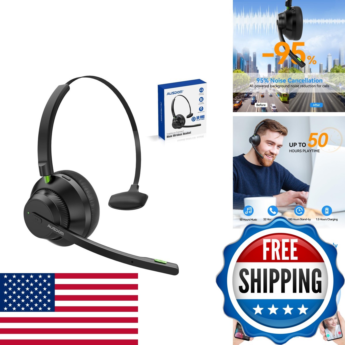 AUSDOM A2301 Trucker Bluetooth Headset Wireless 5.2 AI Noise Cancelling 50H
