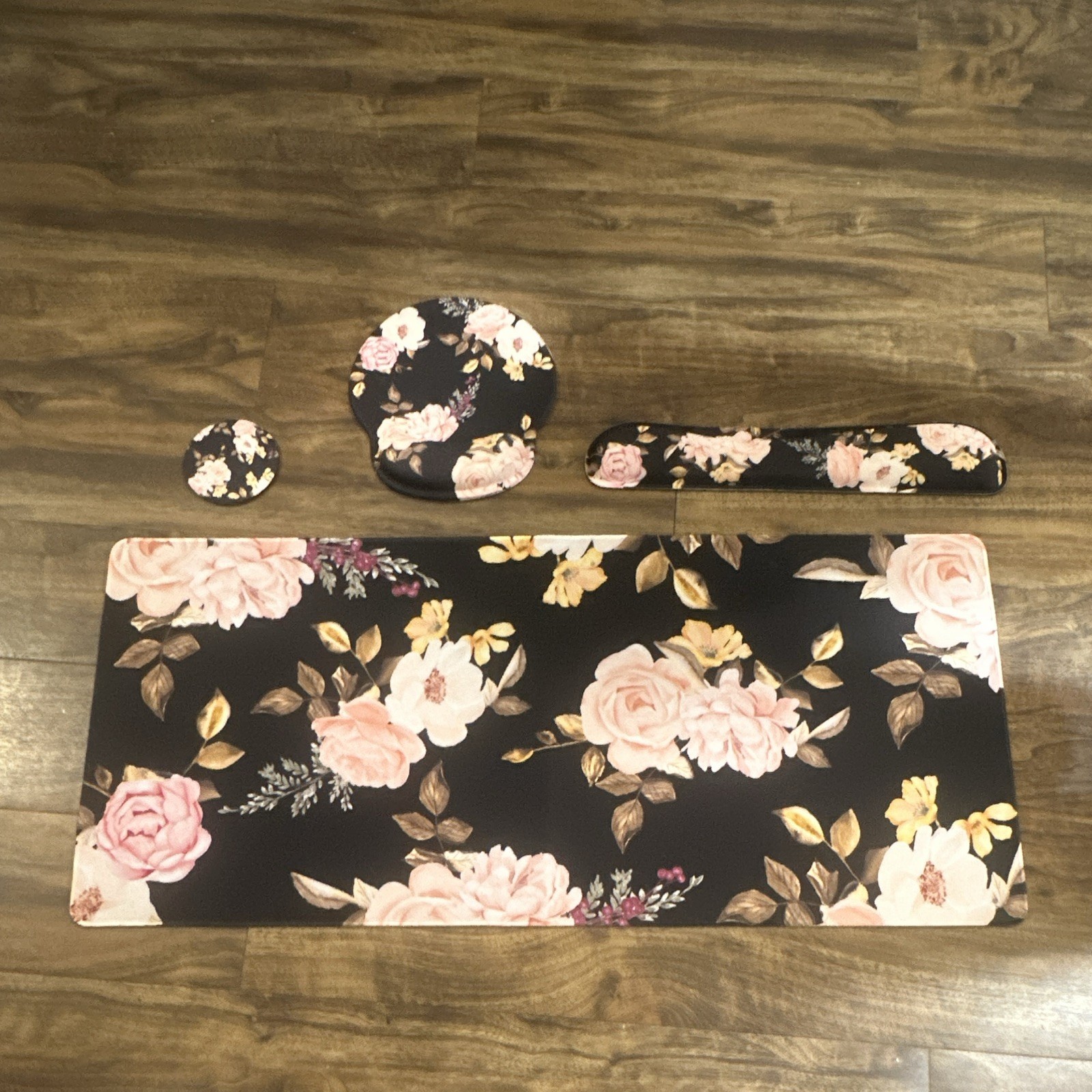 Floral Patterned Black Mouse Pad Set with Wrist Rest, Pink/White/Yellow/Green