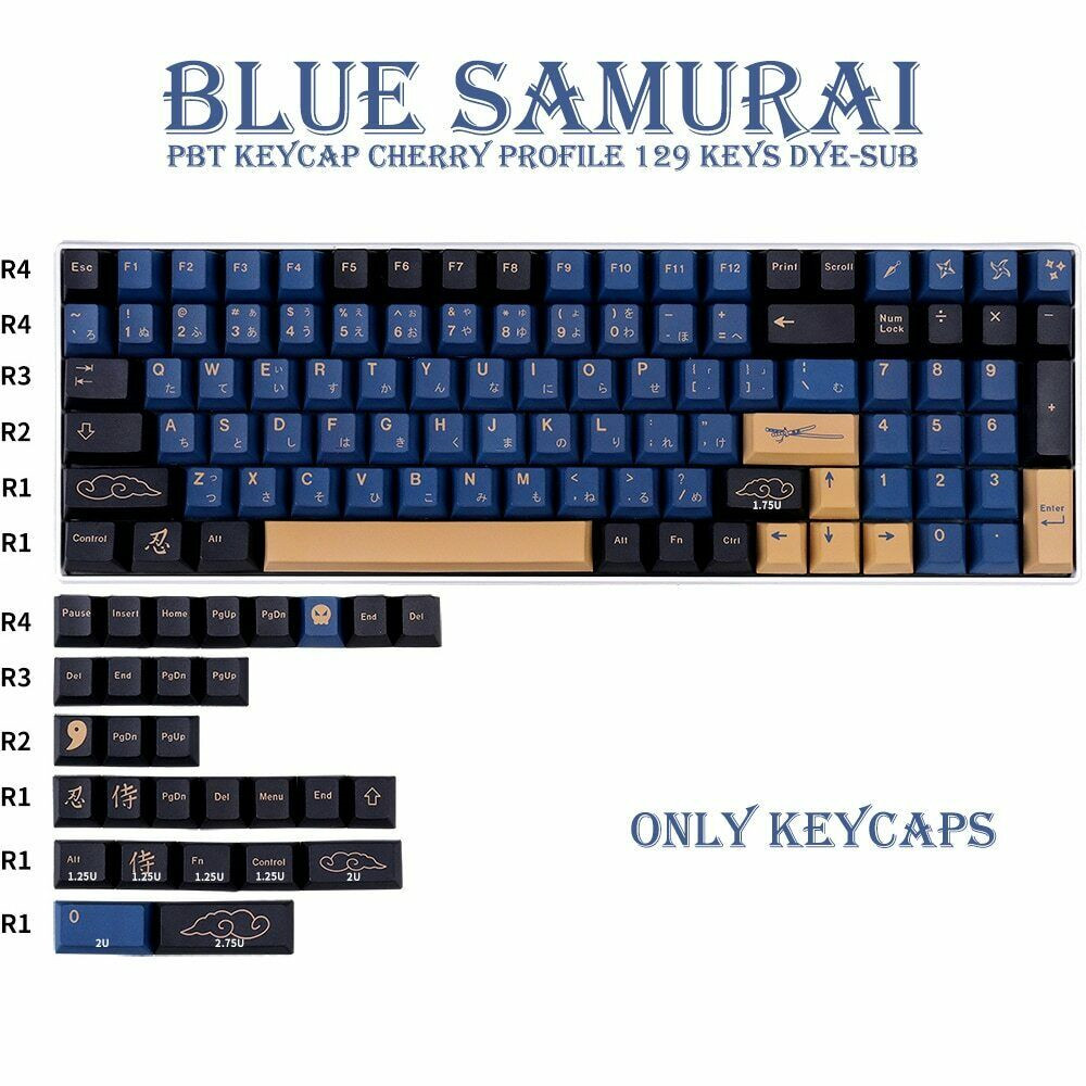Bushido Blue Samurai Theme Keycap 129 Keys Cherry Profile PBT For MX