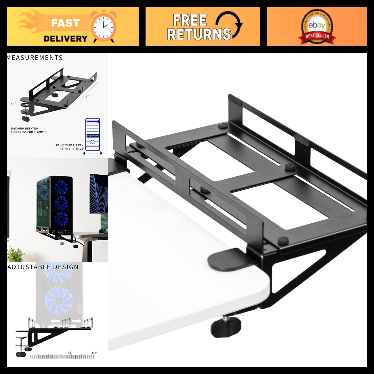 Adjustable Black Clamp-on PC Desk Mount for Monitors & Laptops - Space-Saving De