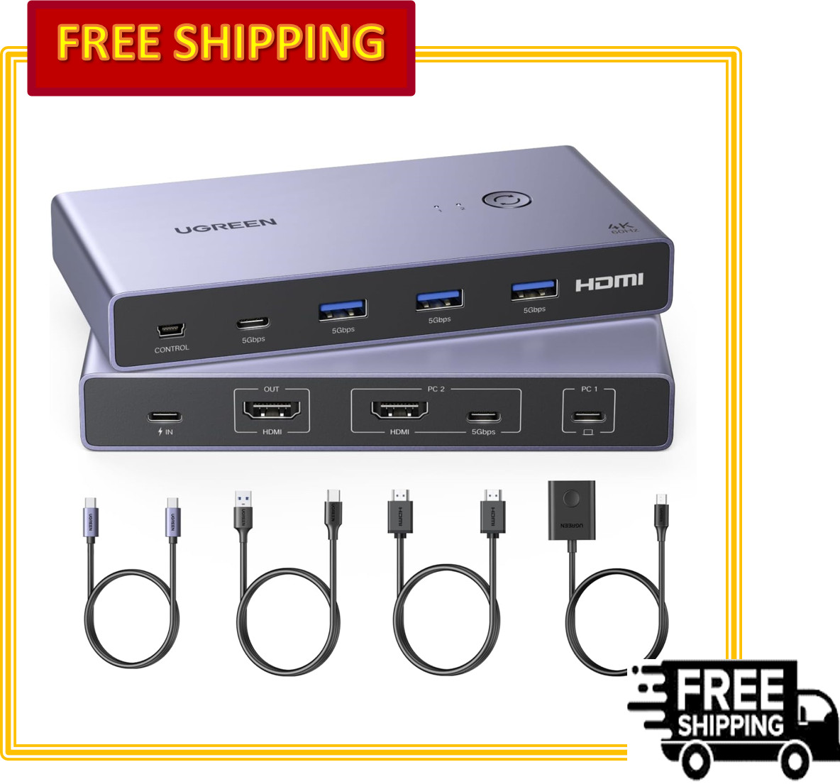 UGREEN USB-C + HDMI KVM Switch 1 Monitor 1 PC & 1 Laptop 4K@60Hz 4 USB 3.0 Ports