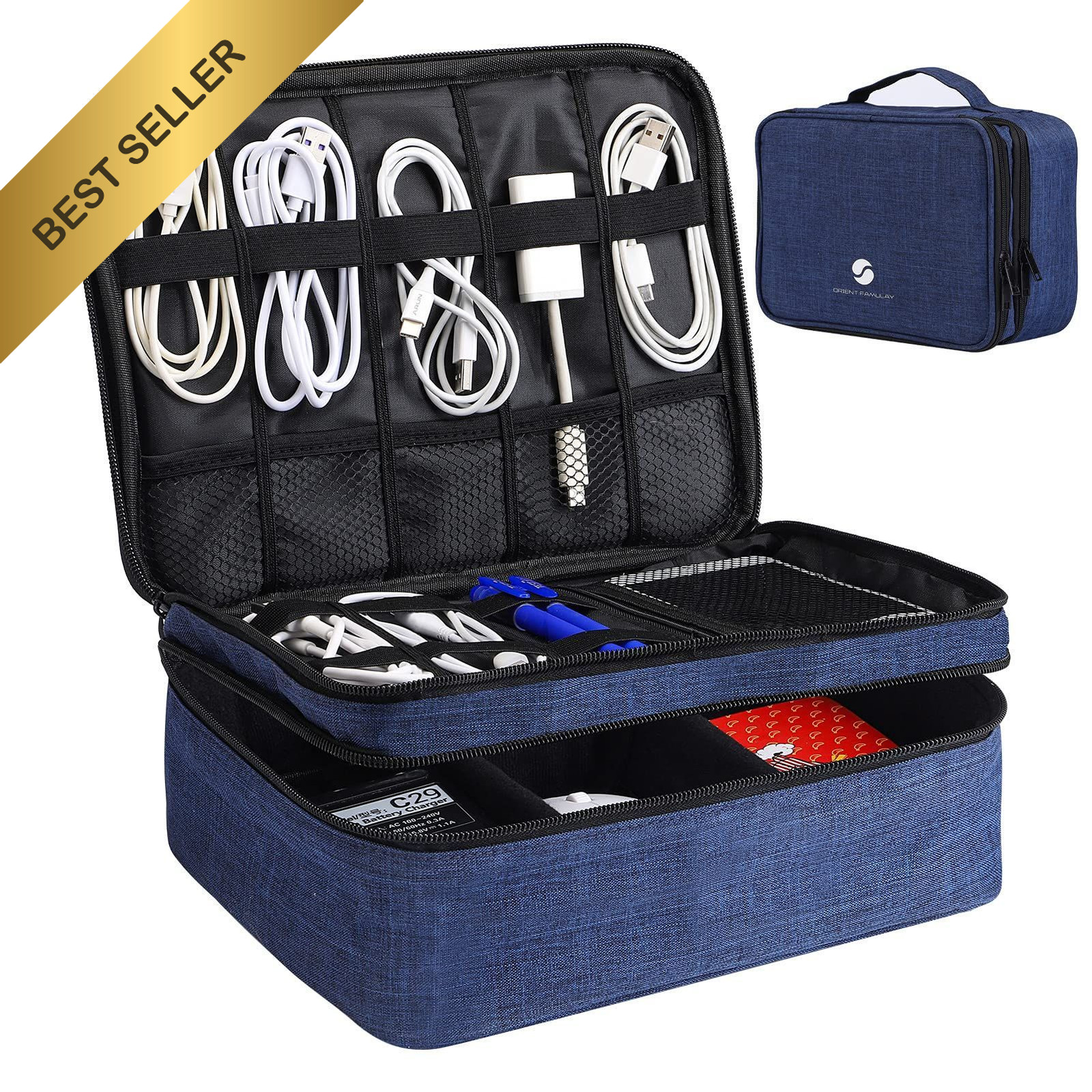 Waterproof Travel Electronics Organizer Double Layer Cable Storage Royal Blue