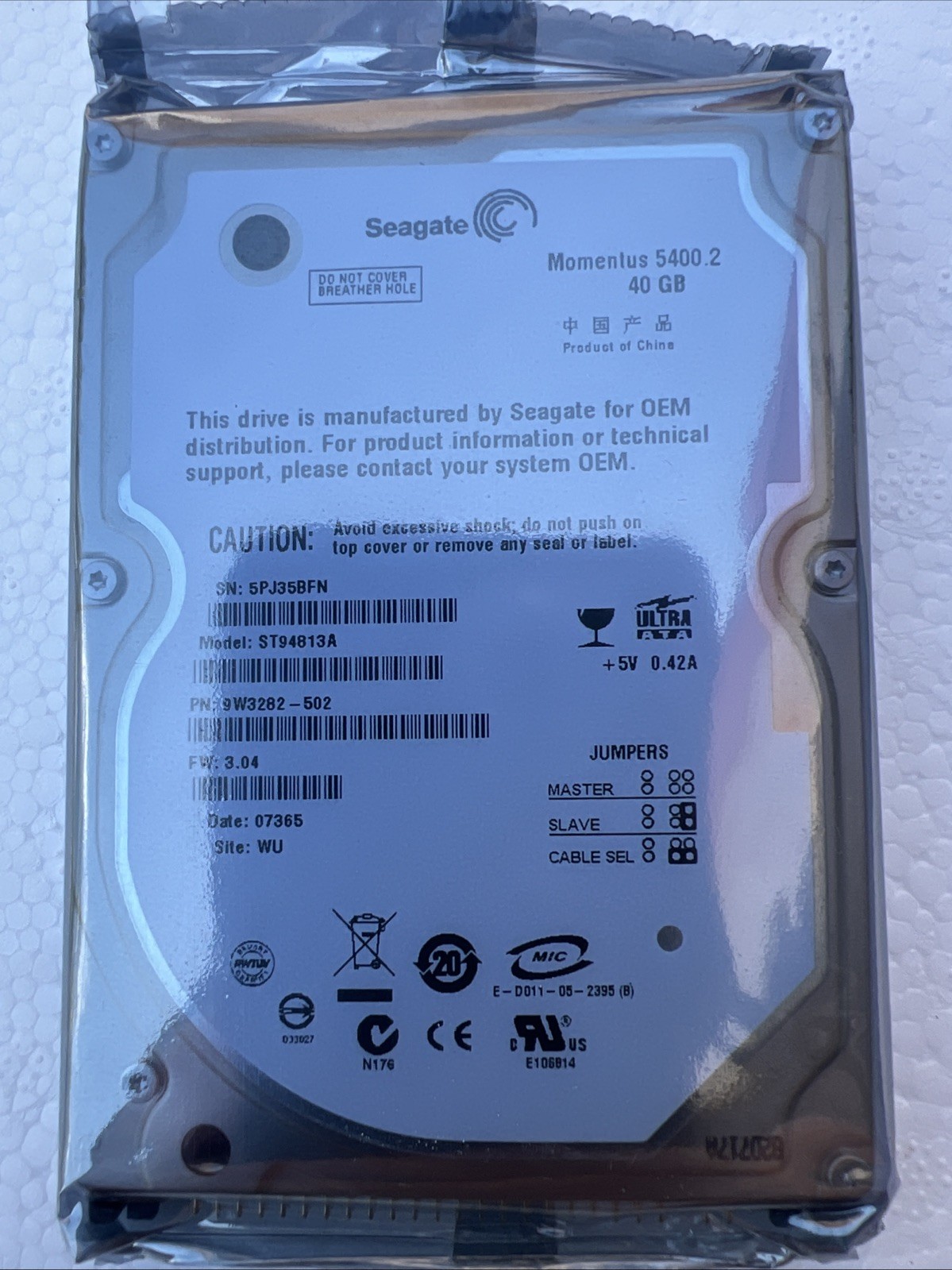 NEW SEAGATE MOMENTUS 5400.2 40GB ST94813A 9W3282-502 LAPTOP HARD DRIVE 