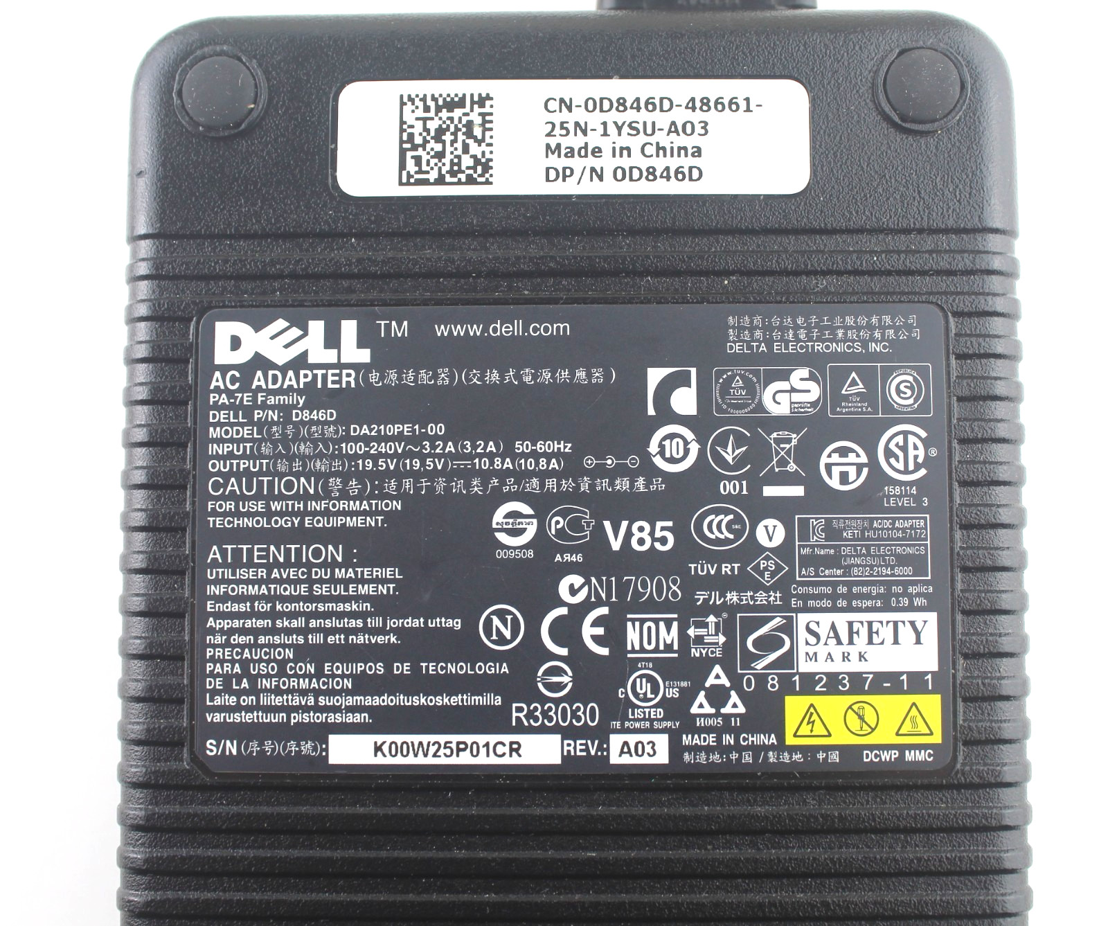 OEM DELL 0D846D D846D 210W AC Adapter 19.5V 10.8A PA-7E DA210PE1-00