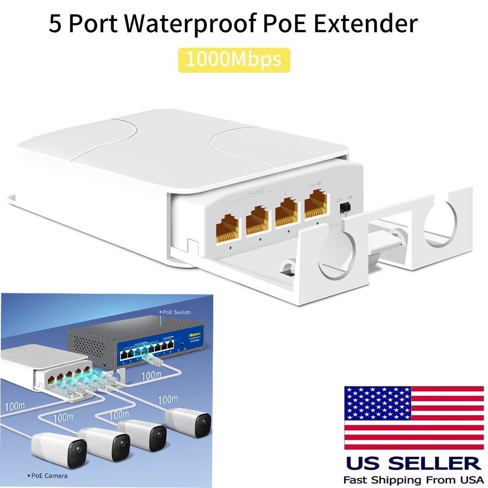 5 Port Gigabit PoE Passthrough Switch Outdoor Ethernet Extender Up to 100m/330ft