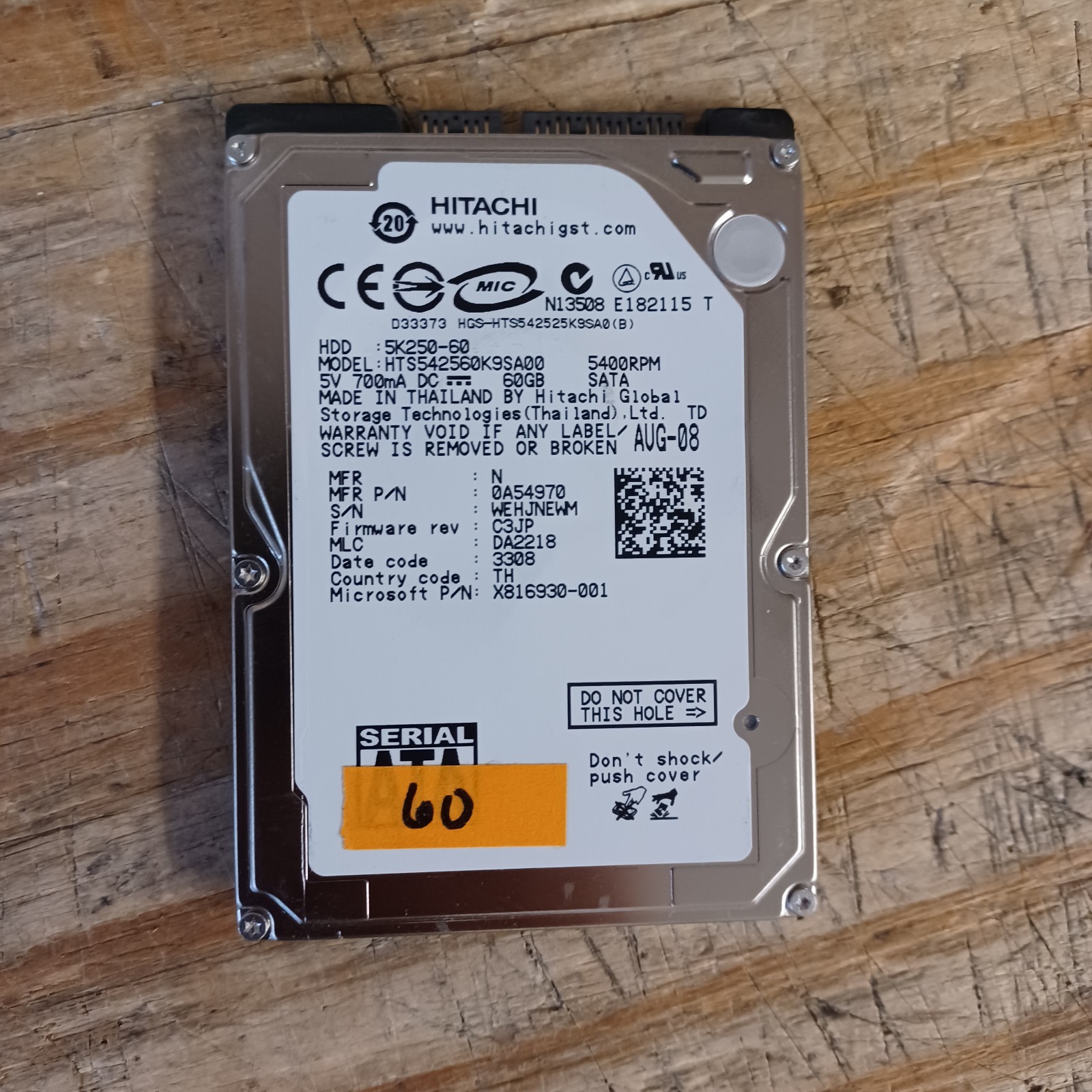 HITACHI HTS541060G9SA00 60GB SATA II HDD 2.5"
