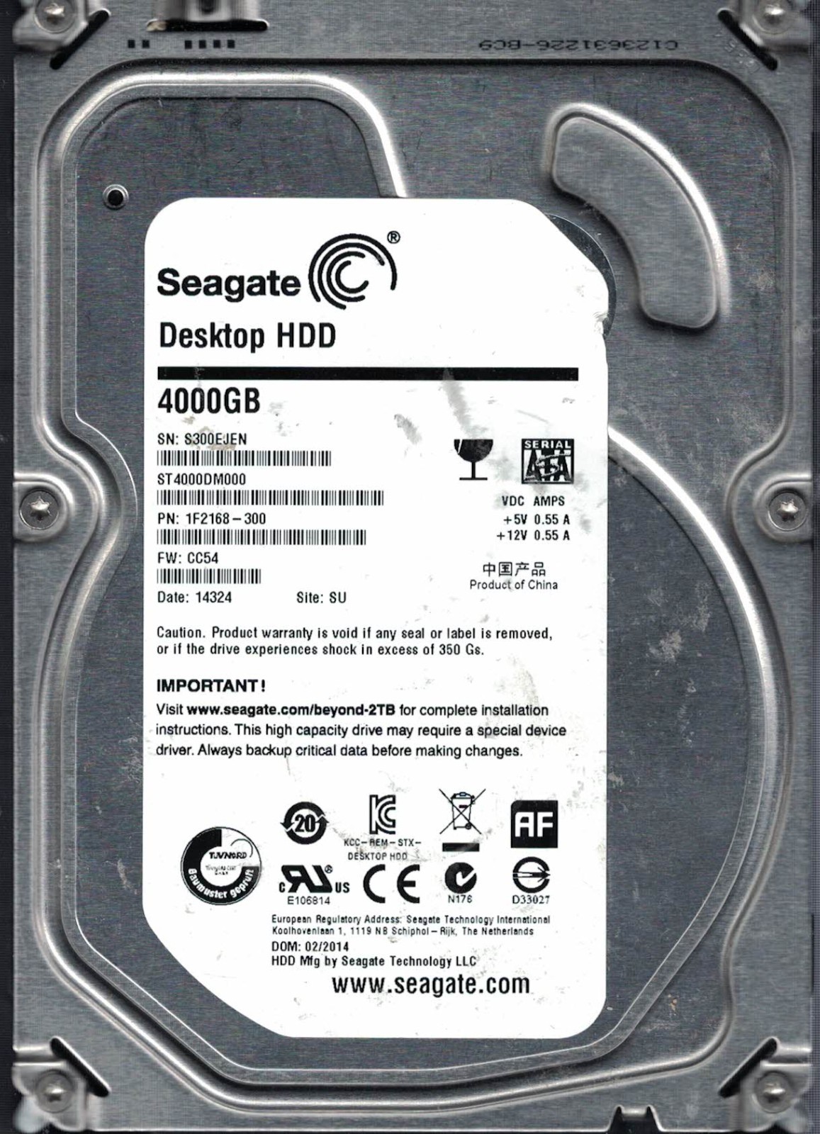 Seagate ST4000DM000 S/N S300EJEN P/N 1F2168-300 FW: CC54 Date Code 14324