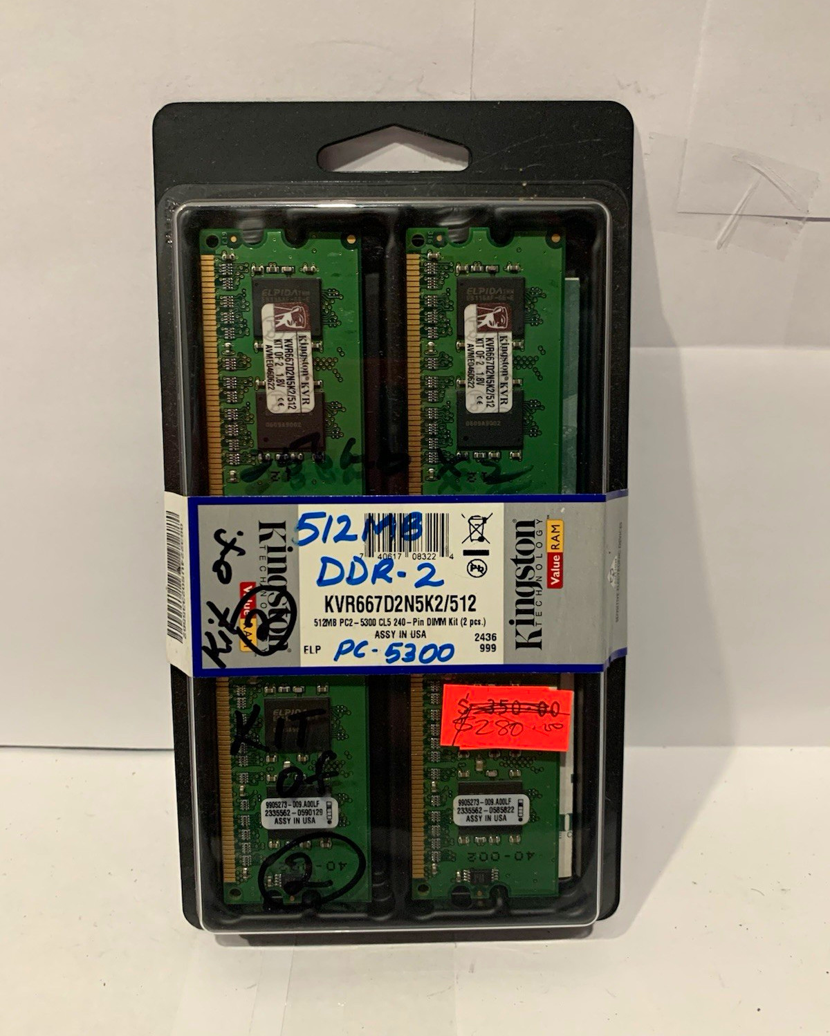Kingston RAM 512MB PC2-5300 DDR2-667 240-Pin DIMM KVR667D2N5K2/512 (LOT OF 3)