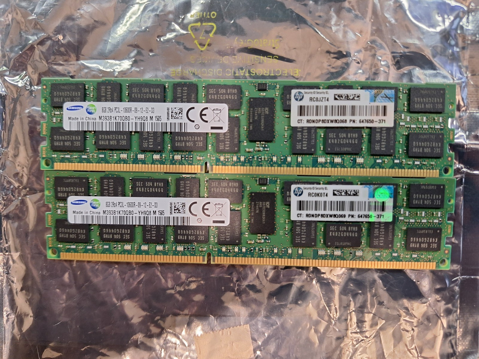 Samsung HP 8GB 2Rx4 PC3L-10600R M393B1K70QB0-YH9Q8 647650-371 **Lot of 2**