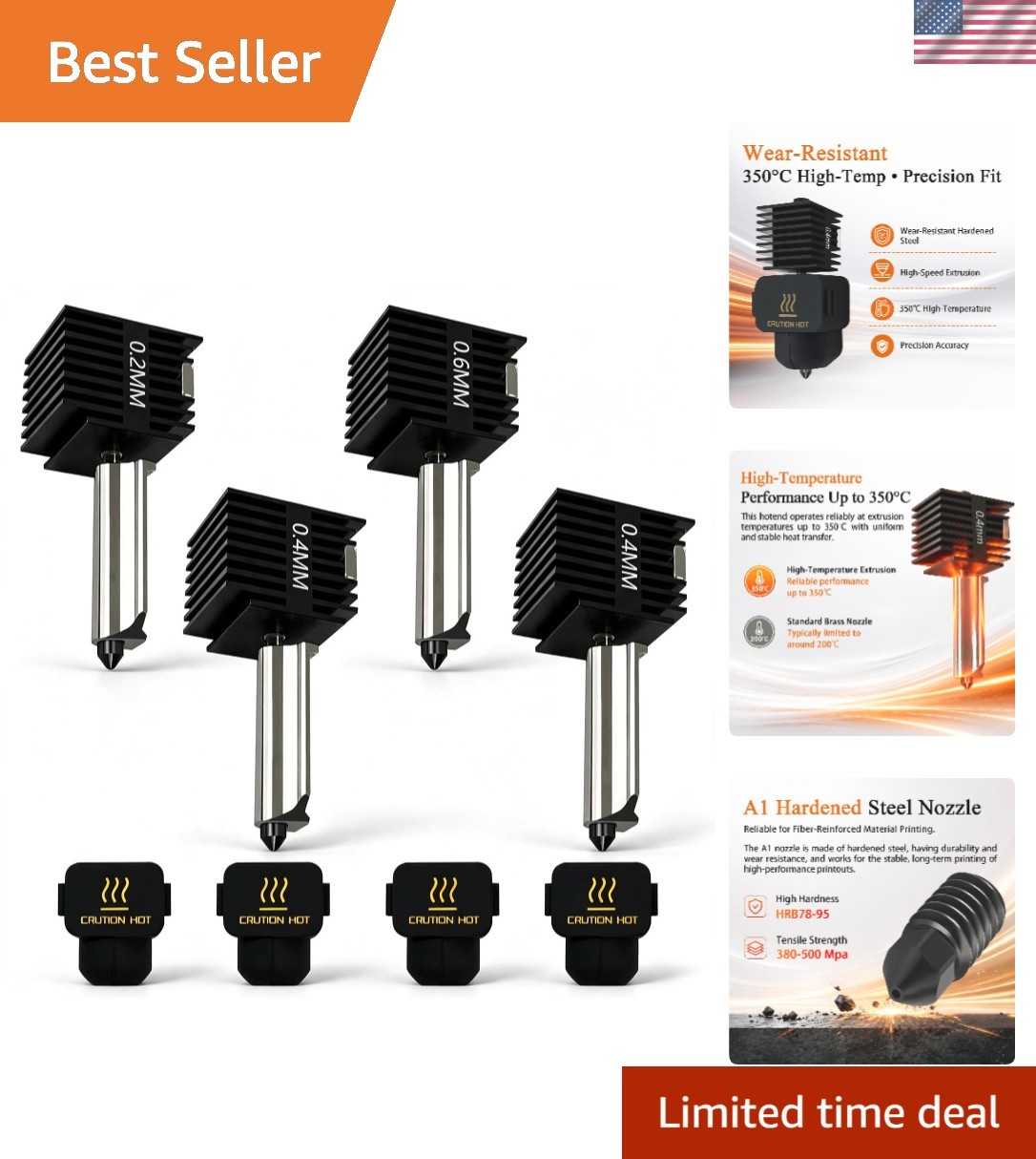 4‑Pack 0.2/0.4/0.6mm Kit for Bambu Lab A1/A2L Nozzle