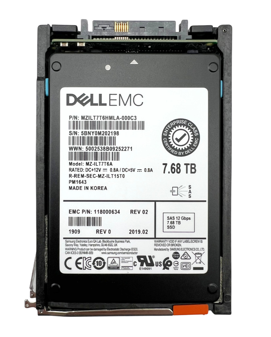 005052556 EMC 7.68TB SAS 12G 2.5 Samsung MZ-ILT7T6A FLASH SSD 118000634 98%+ 520