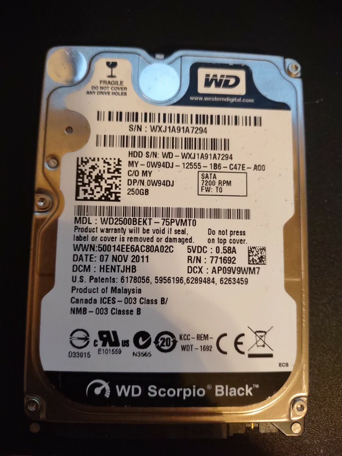 Western Digital WD2500BEKT-75PVMT0  DCM: HENTJHB  250Gb SATA  7200 RPM