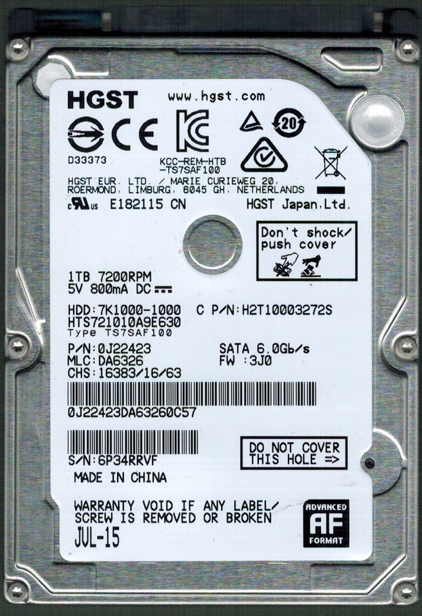 HTS721010A9E630 P/N: 0J22423 MLC: DA6326 CHINA JUL-15 HGST 1TB